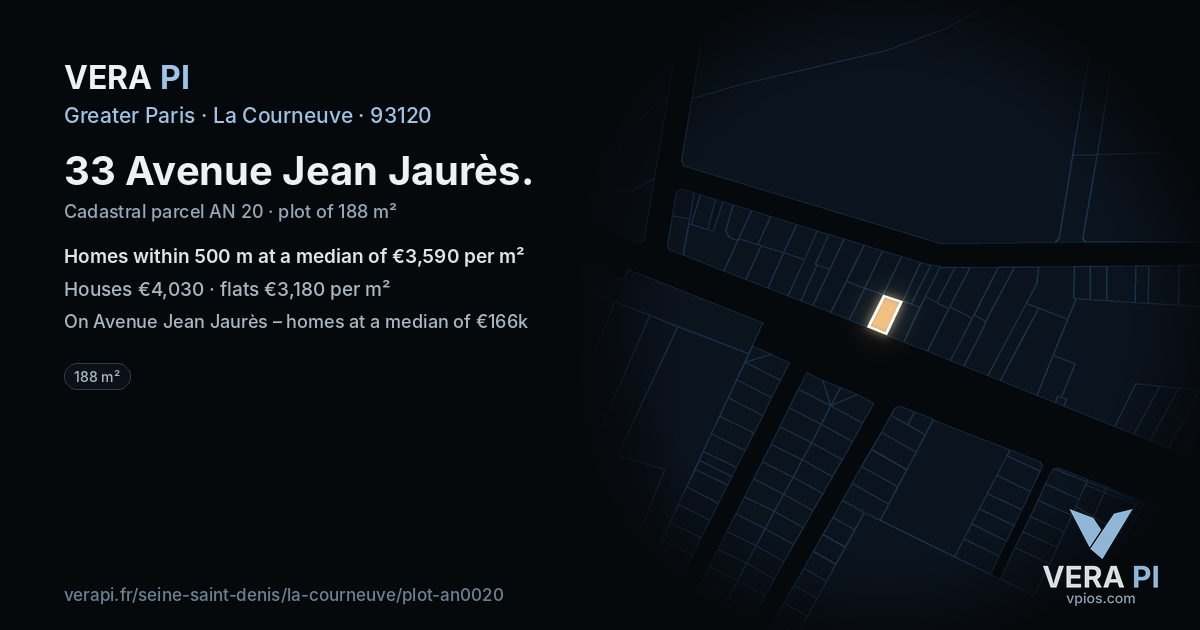 33 Avenue Jean Jaurès, La Courneuve at night – the plot lit, the parcels around coloured by the prices near them