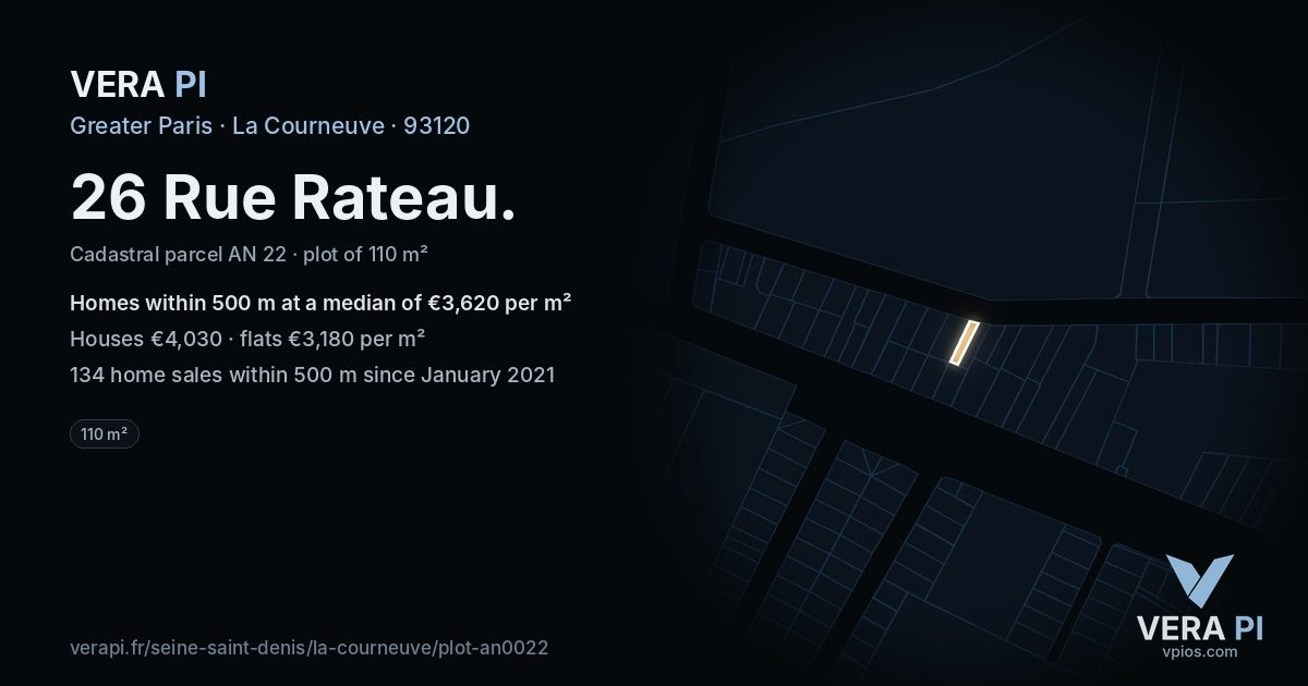 26 Rue Rateau, La Courneuve at night – the plot lit, the parcels around coloured by the prices near them