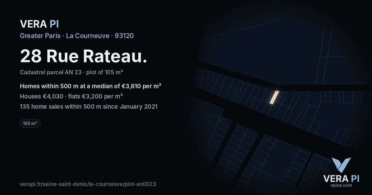 28 Rue Rateau, La Courneuve at night – the plot lit, the parcels around coloured by the prices near them
