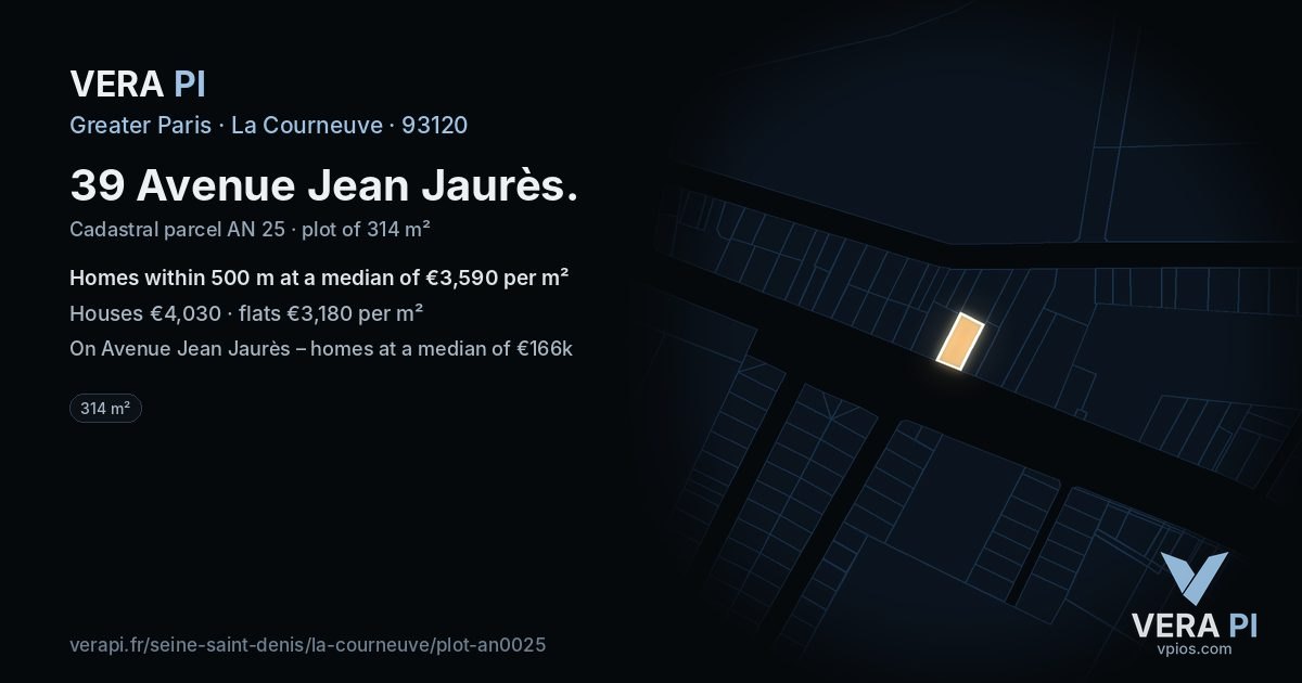 39 Avenue Jean Jaurès, La Courneuve at night – the plot lit, the parcels around coloured by the prices near them