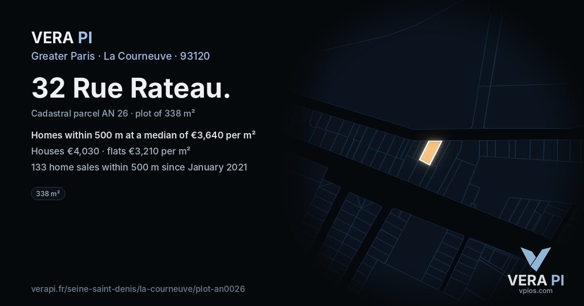 32 Rue Rateau, La Courneuve at night – the plot lit, the parcels around coloured by the prices near them