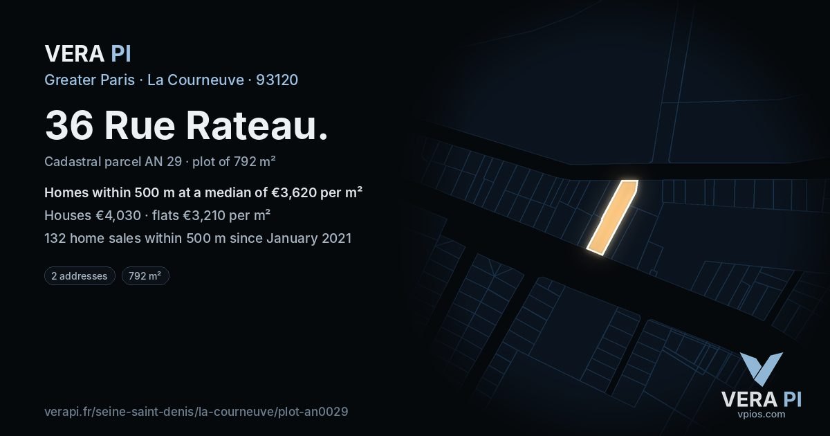 36 Rue Rateau, La Courneuve at night – the plot lit, the parcels around coloured by the prices near them