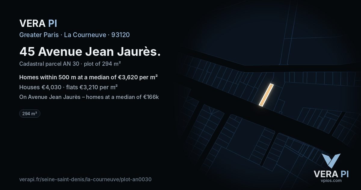 45 Avenue Jean Jaurès, La Courneuve at night – the plot lit, the parcels around coloured by the prices near them