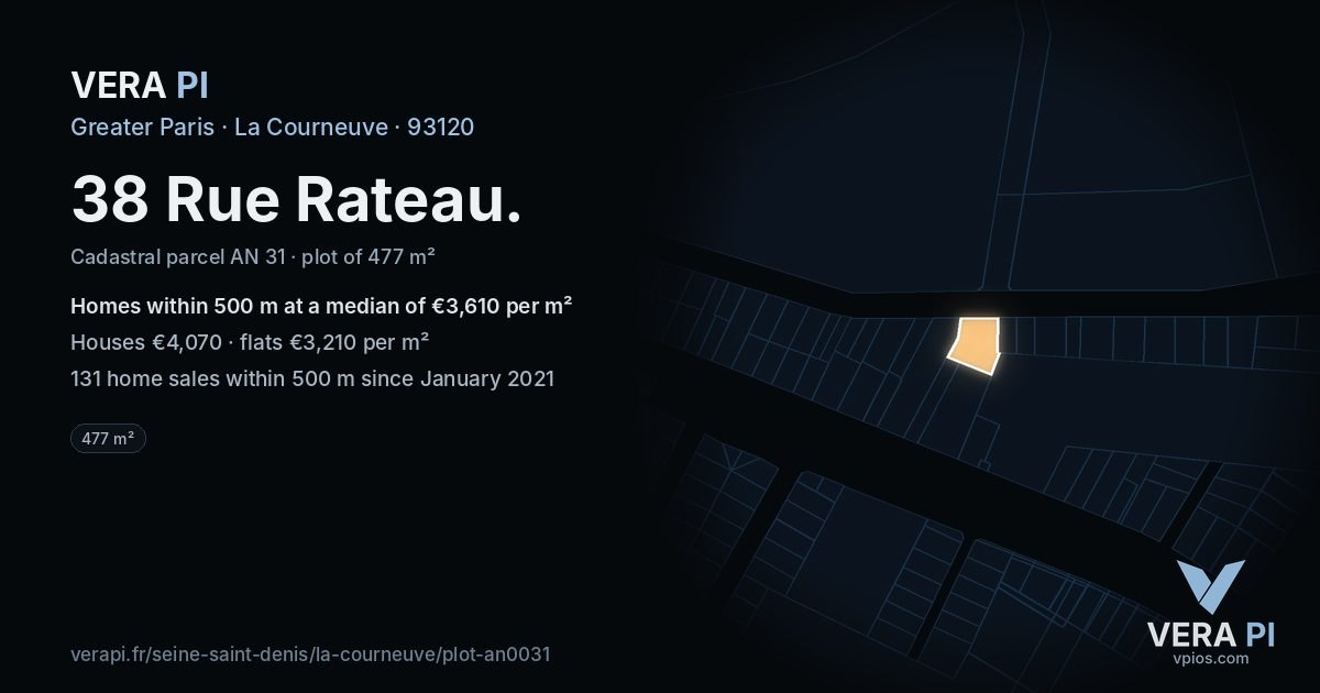 38 Rue Rateau, La Courneuve at night – the plot lit, the parcels around coloured by the prices near them