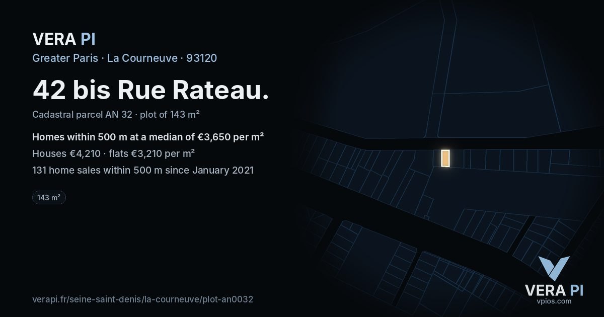 42 bis Rue Rateau, La Courneuve at night – the plot lit, the parcels around coloured by the prices near them