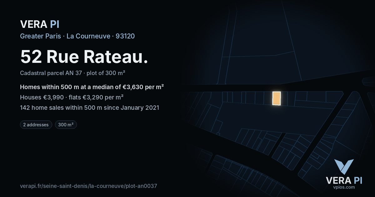52 Rue Rateau, La Courneuve at night – the plot lit, the parcels around coloured by the prices near them