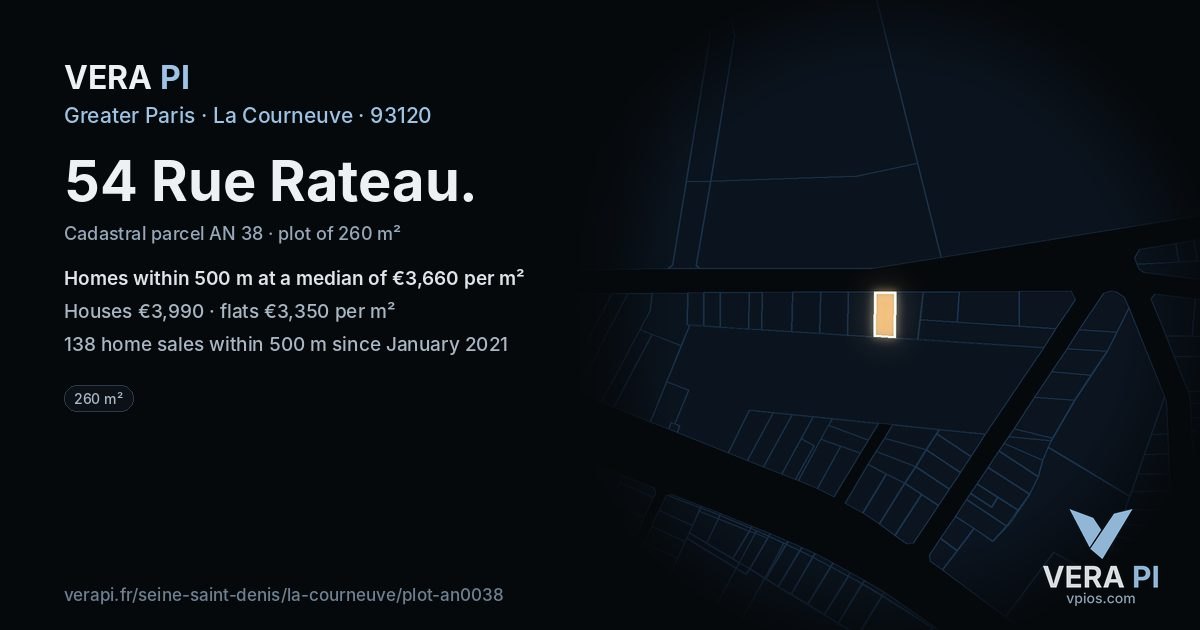 54 Rue Rateau, La Courneuve at night – the plot lit, the parcels around coloured by the prices near them