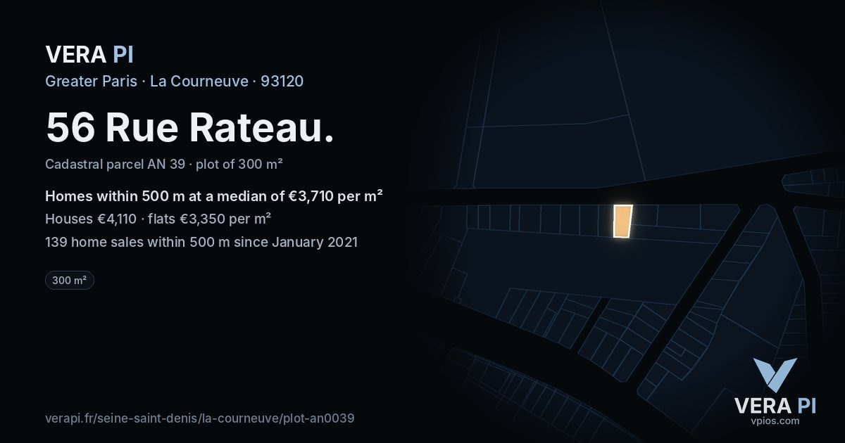 56 Rue Rateau, La Courneuve at night – the plot lit, the parcels around coloured by the prices near them