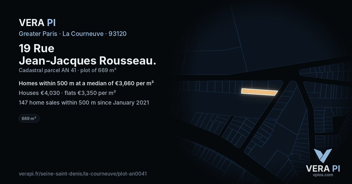 19 Rue Jean-Jacques Rousseau, La Courneuve at night – the plot lit, the parcels around coloured by the prices near them