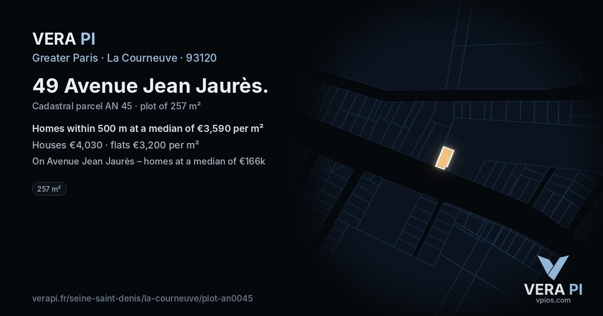 49 Avenue Jean Jaurès, La Courneuve at night – the plot lit, the parcels around coloured by the prices near them