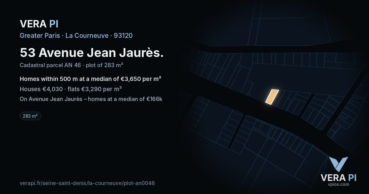 53 Avenue Jean Jaurès, La Courneuve at night – the plot lit, the parcels around coloured by the prices near them