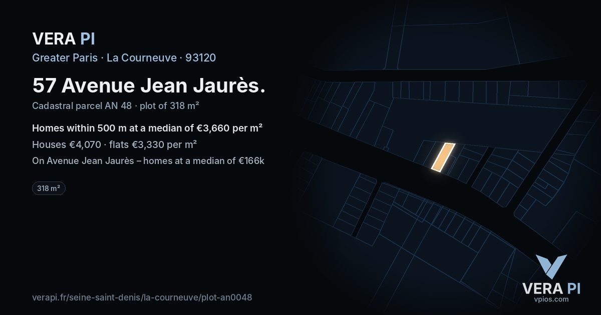 57 Avenue Jean Jaurès, La Courneuve at night – the plot lit, the parcels around coloured by the prices near them