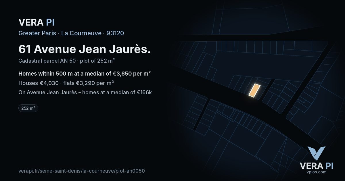 61 Avenue Jean Jaurès, La Courneuve at night – the plot lit, the parcels around coloured by the prices near them