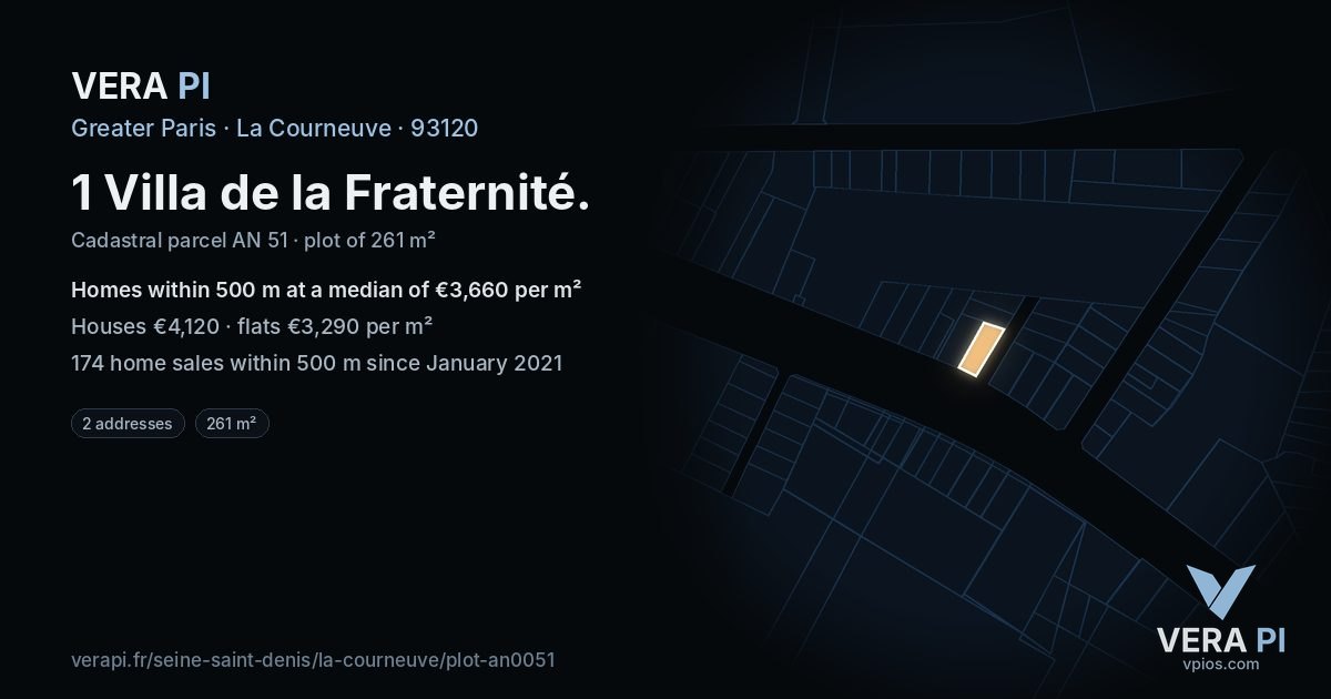 1 Villa de la Fraternité, La Courneuve at night – the plot lit, the parcels around coloured by the prices near them