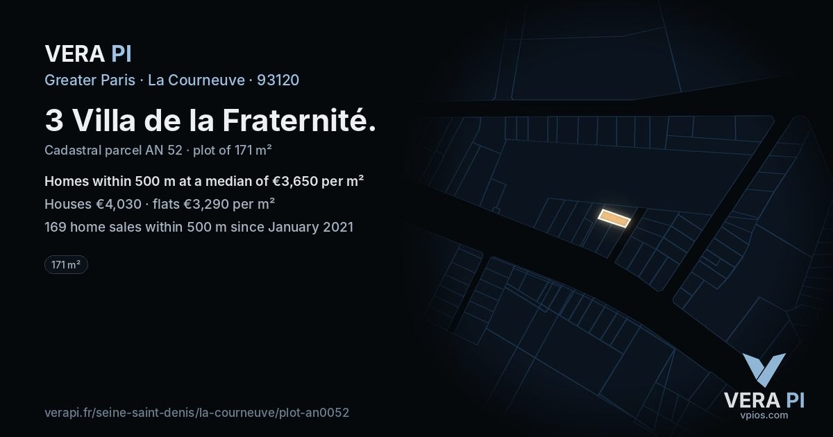 3 Villa de la Fraternité, La Courneuve at night – the plot lit, the parcels around coloured by the prices near them