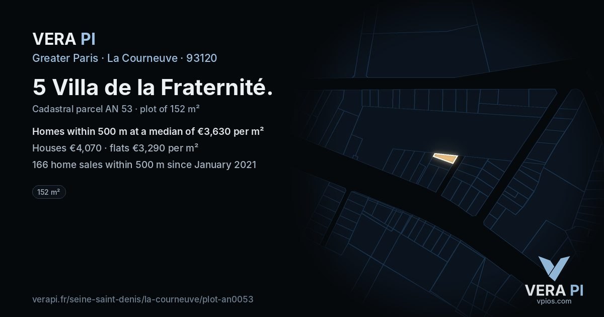 5 Villa de la Fraternité, La Courneuve at night – the plot lit, the parcels around coloured by the prices near them