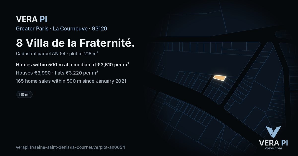 8 Villa de la Fraternité, La Courneuve at night – the plot lit, the parcels around coloured by the prices near them