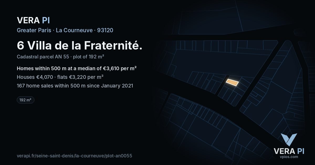 6 Villa de la Fraternité, La Courneuve at night – the plot lit, the parcels around coloured by the prices near them