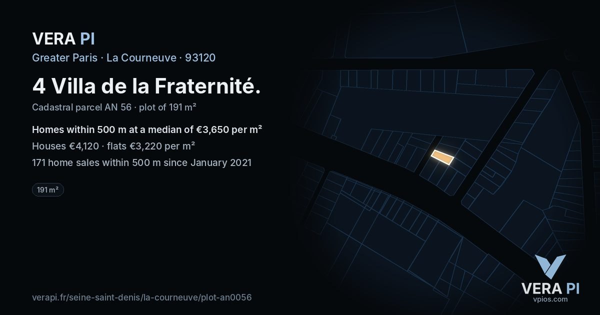 4 Villa de la Fraternité, La Courneuve at night – the plot lit, the parcels around coloured by the prices near them