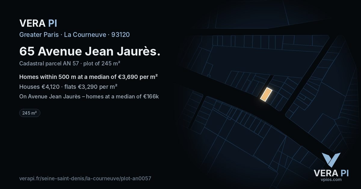 65 Avenue Jean Jaurès, La Courneuve at night – the plot lit, the parcels around coloured by the prices near them