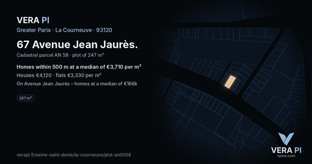 67 Avenue Jean Jaurès, La Courneuve at night – the plot lit, the parcels around coloured by the prices near them