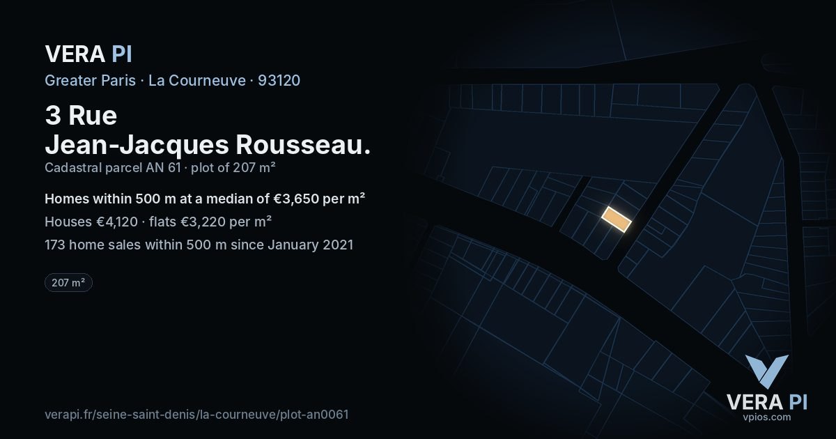 3 Rue Jean-Jacques Rousseau, La Courneuve at night – the plot lit, the parcels around coloured by the prices near them