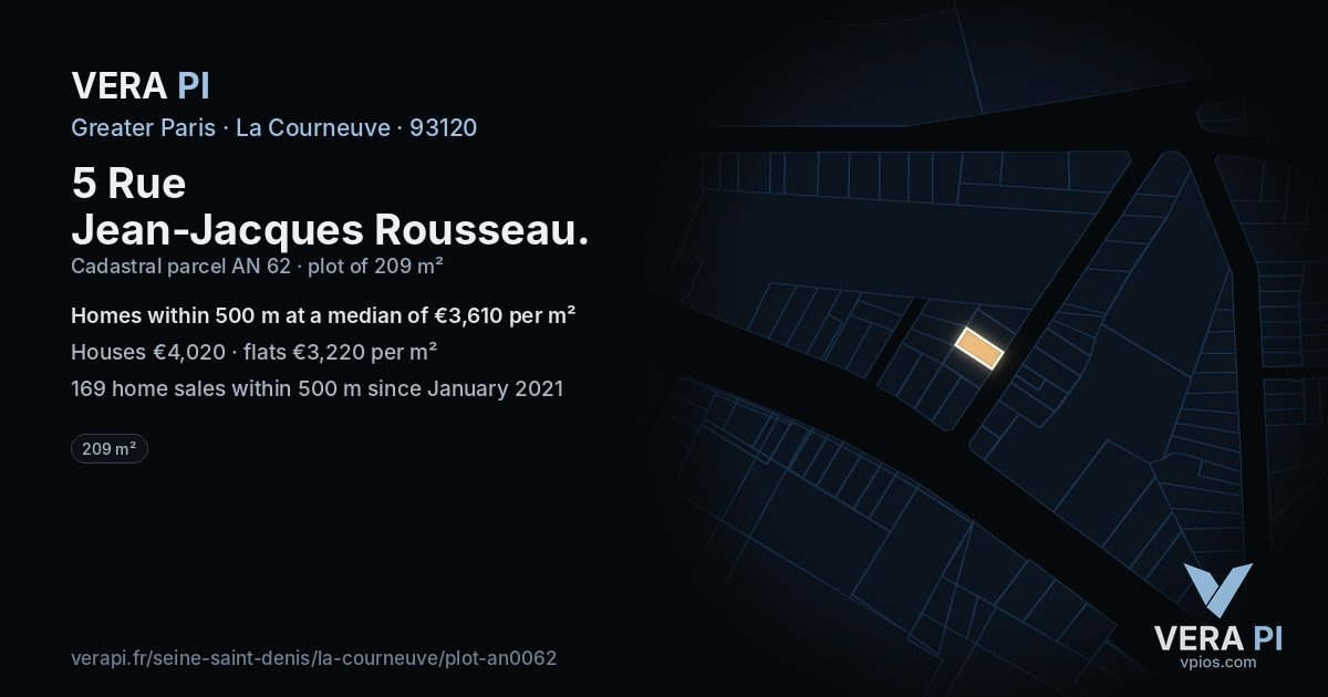 5 Rue Jean-Jacques Rousseau, La Courneuve at night – the plot lit, the parcels around coloured by the prices near them