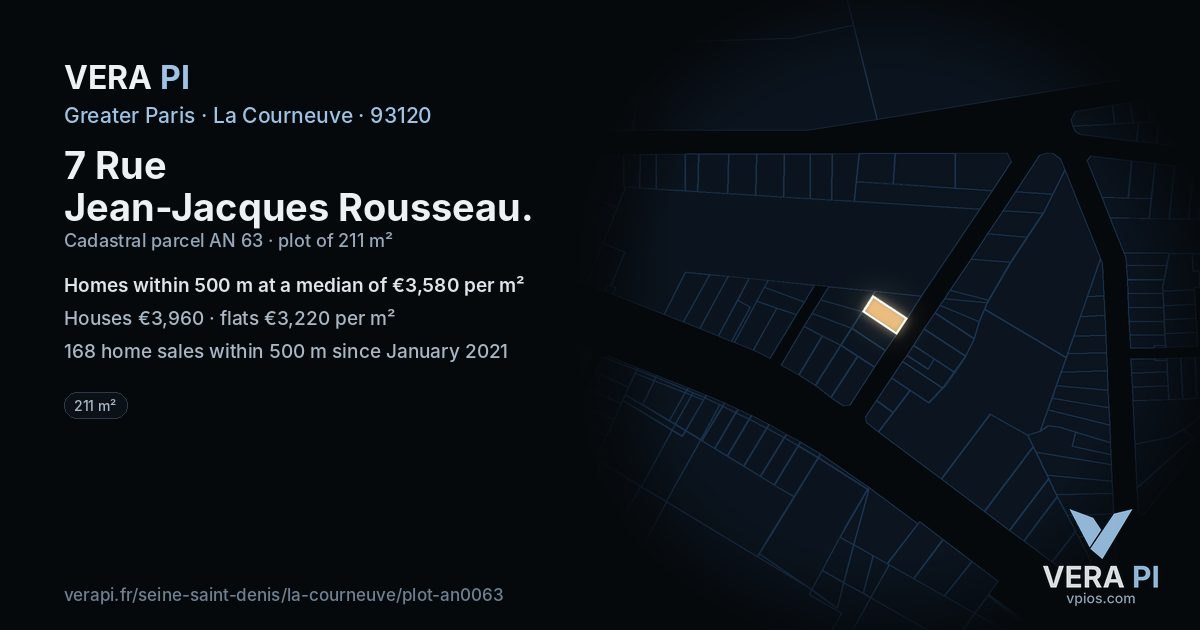 7 Rue Jean-Jacques Rousseau, La Courneuve at night – the plot lit, the parcels around coloured by the prices near them
