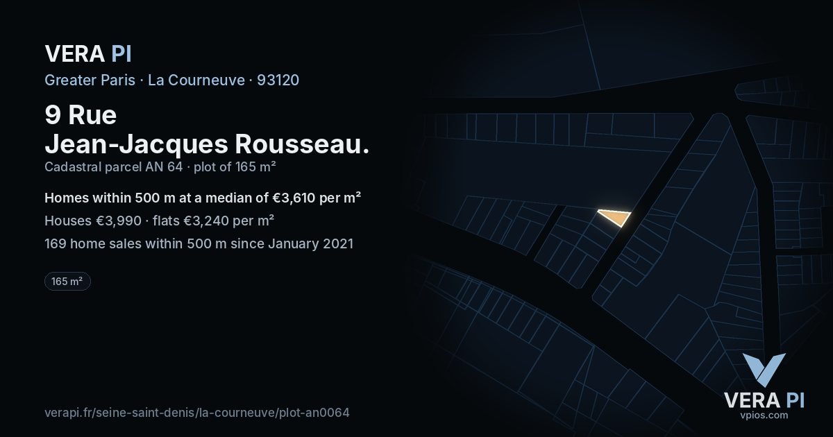 9 Rue Jean-Jacques Rousseau, La Courneuve at night – the plot lit, the parcels around coloured by the prices near them