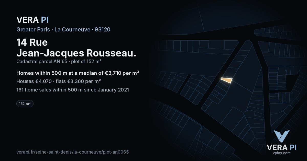 14 Rue Jean-Jacques Rousseau, La Courneuve at night – the plot lit, the parcels around coloured by the prices near them