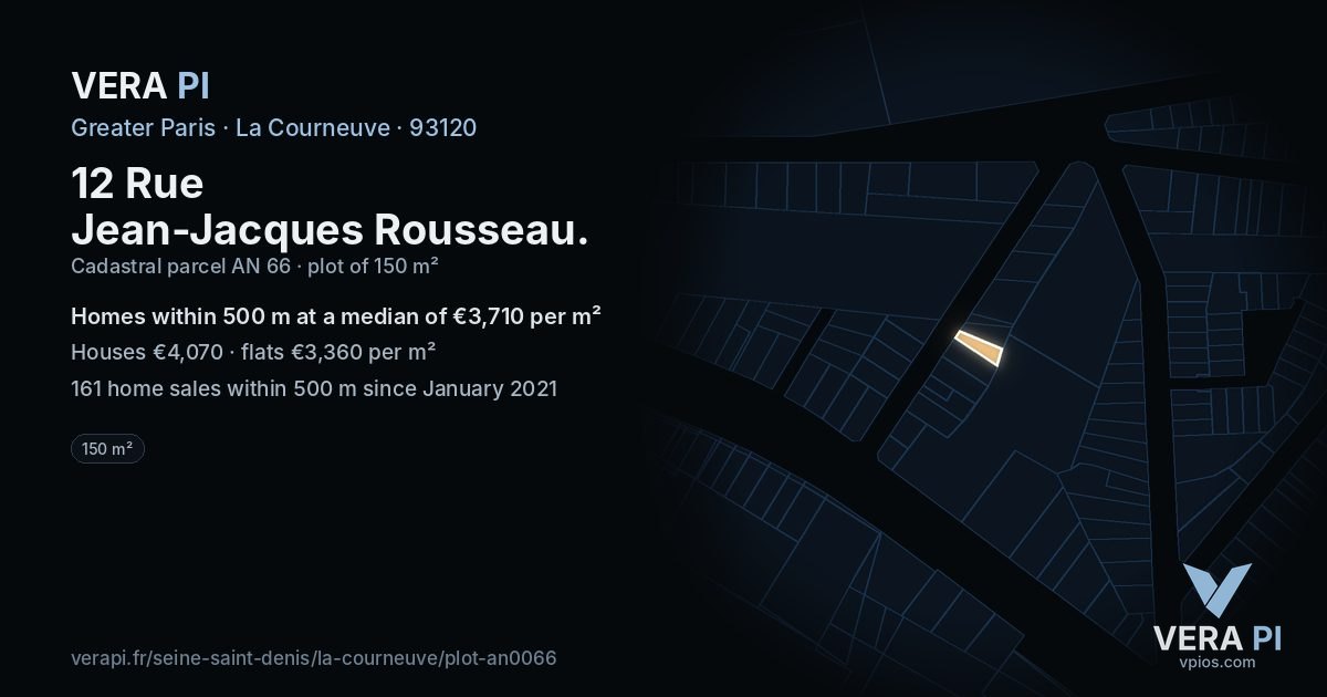 12 Rue Jean-Jacques Rousseau, La Courneuve at night – the plot lit, the parcels around coloured by the prices near them