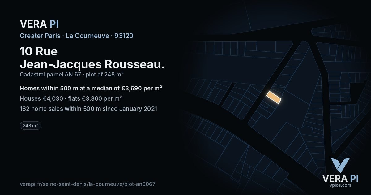 10 Rue Jean-Jacques Rousseau, La Courneuve at night – the plot lit, the parcels around coloured by the prices near them
