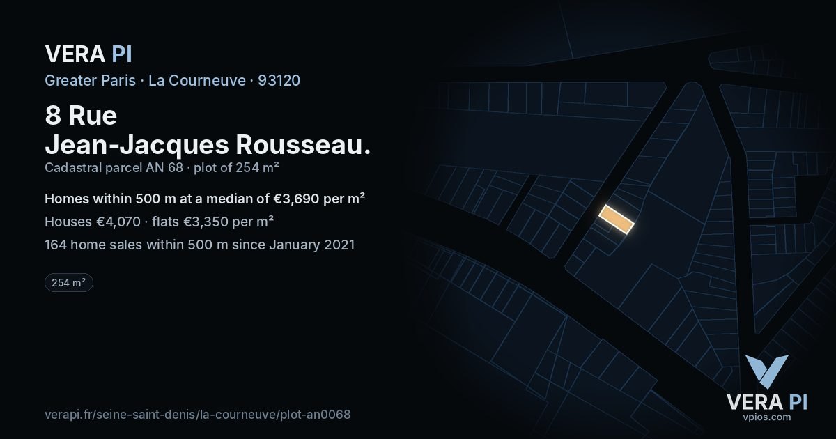 8 Rue Jean-Jacques Rousseau, La Courneuve at night – the plot lit, the parcels around coloured by the prices near them