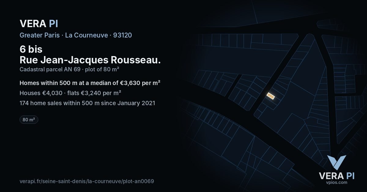 6 bis Rue Jean-Jacques Rousseau, La Courneuve at night – the plot lit, the parcels around coloured by the prices near them