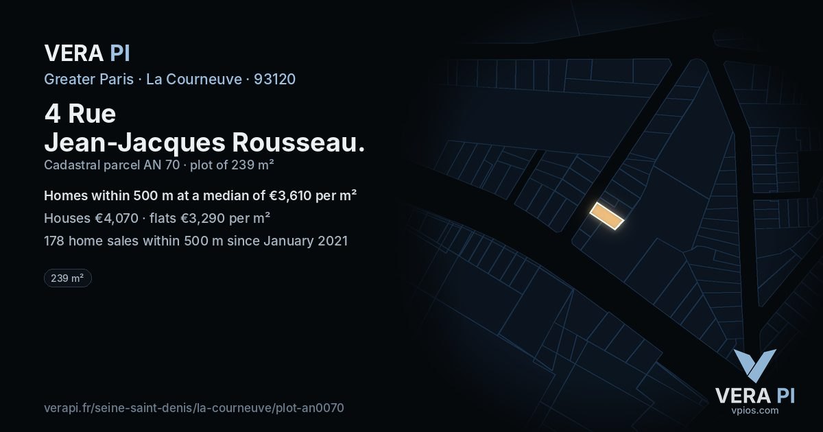 4 Rue Jean-Jacques Rousseau, La Courneuve at night – the plot lit, the parcels around coloured by the prices near them