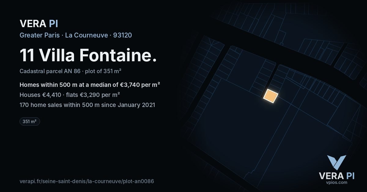 11 Villa Fontaine, La Courneuve at night – the plot lit, the parcels around coloured by the prices near them
