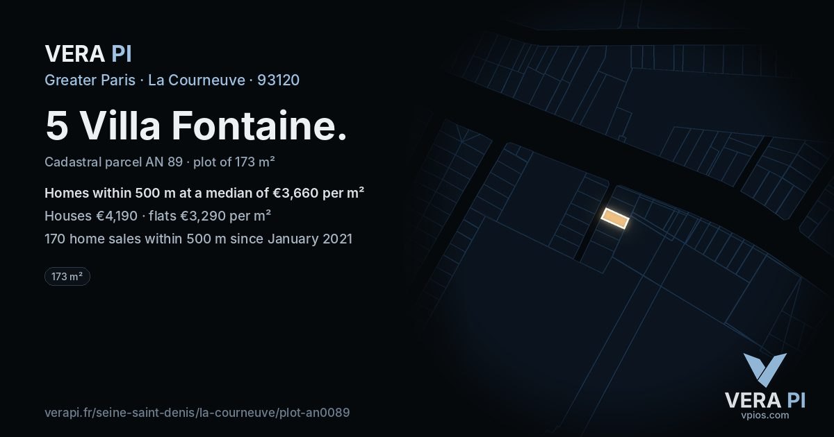 5 Villa Fontaine, La Courneuve at night – the plot lit, the parcels around coloured by the prices near them