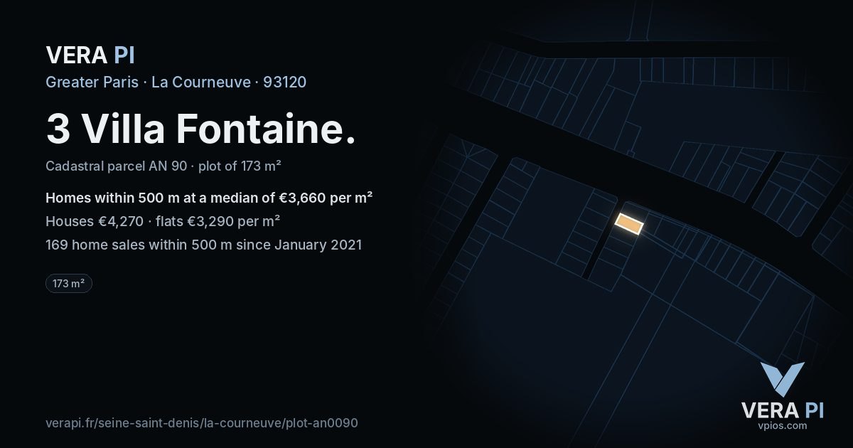 3 Villa Fontaine, La Courneuve at night – the plot lit, the parcels around coloured by the prices near them