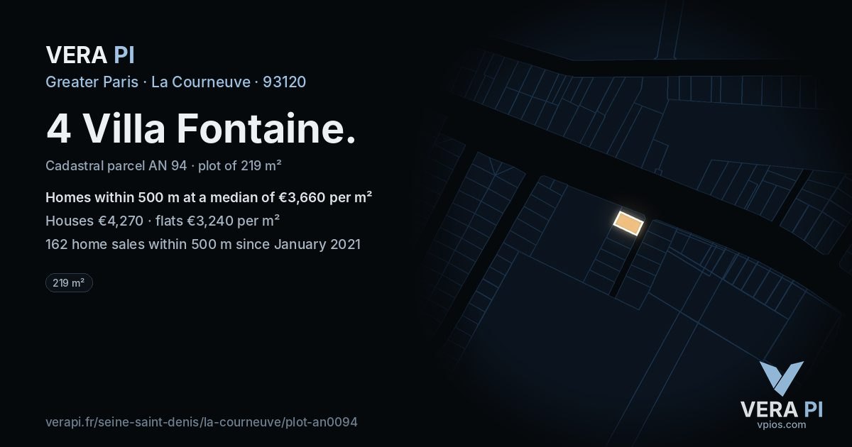 4 Villa Fontaine, La Courneuve at night – the plot lit, the parcels around coloured by the prices near them