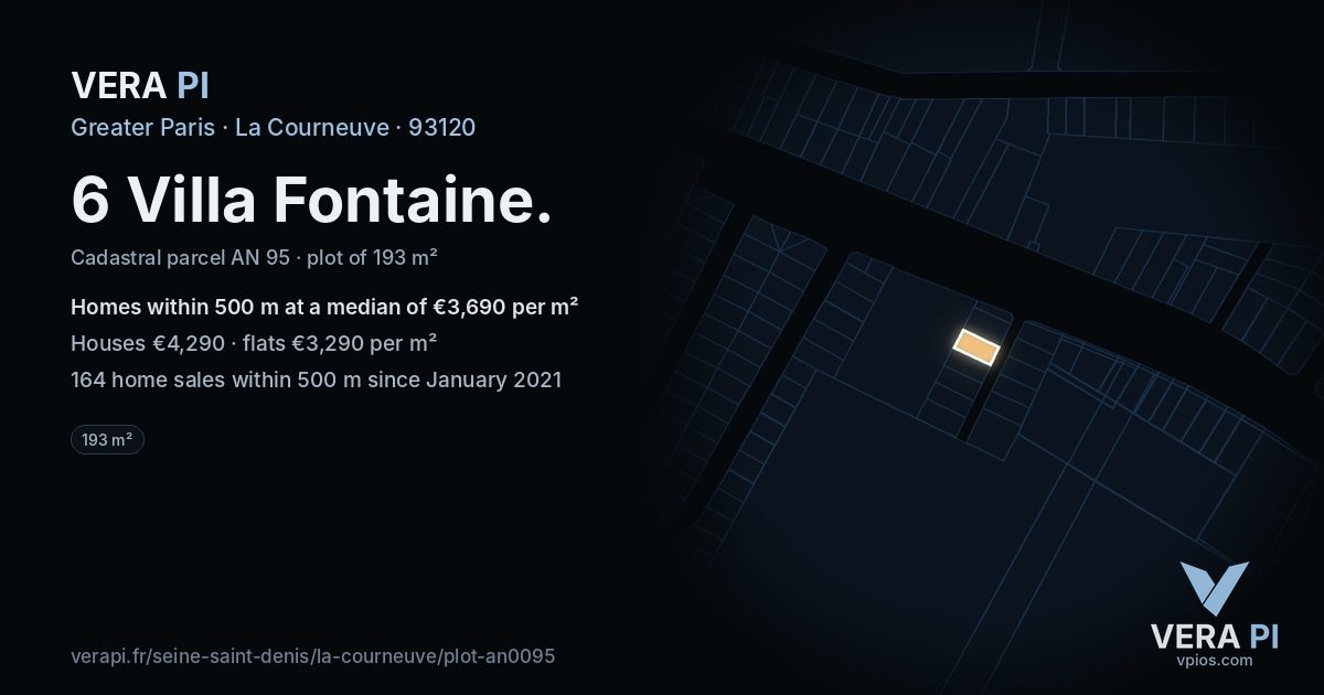 6 Villa Fontaine, La Courneuve at night – the plot lit, the parcels around coloured by the prices near them