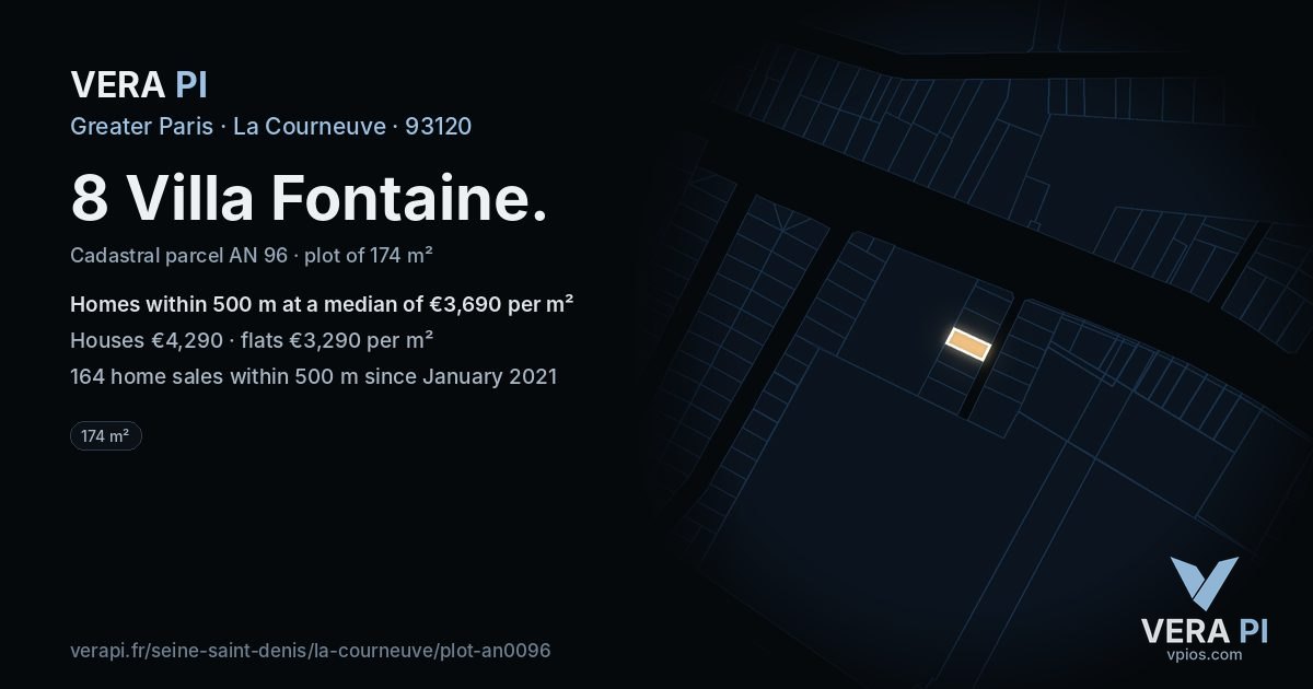 8 Villa Fontaine, La Courneuve at night – the plot lit, the parcels around coloured by the prices near them