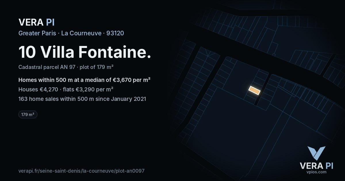 10 Villa Fontaine, La Courneuve at night – the plot lit, the parcels around coloured by the prices near them