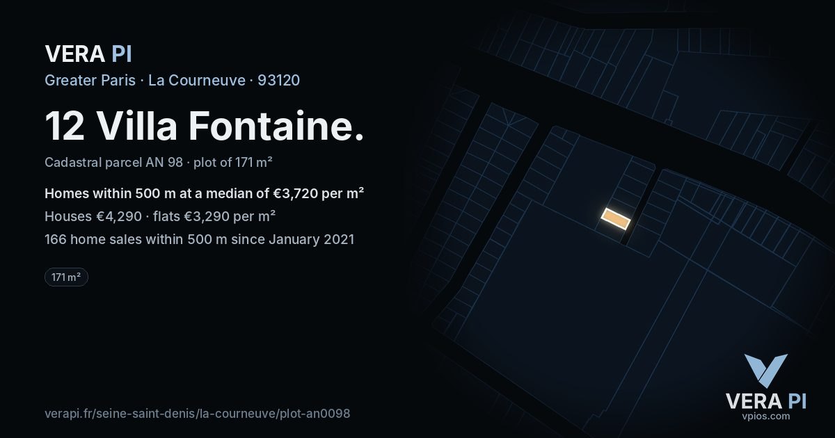 12 Villa Fontaine, La Courneuve at night – the plot lit, the parcels around coloured by the prices near them