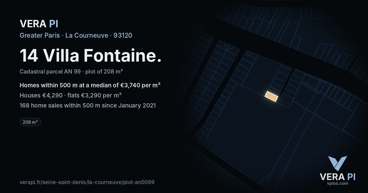 14 Villa Fontaine, La Courneuve at night – the plot lit, the parcels around coloured by the prices near them