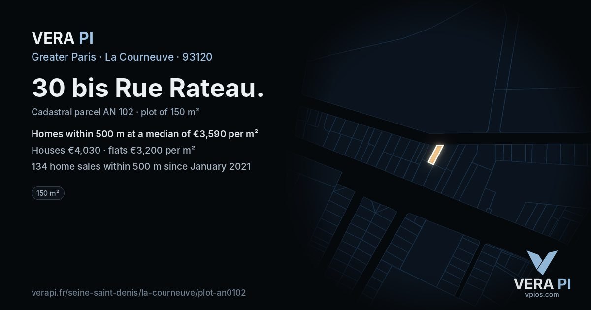 30 bis Rue Rateau, La Courneuve at night – the plot lit, the parcels around coloured by the prices near them