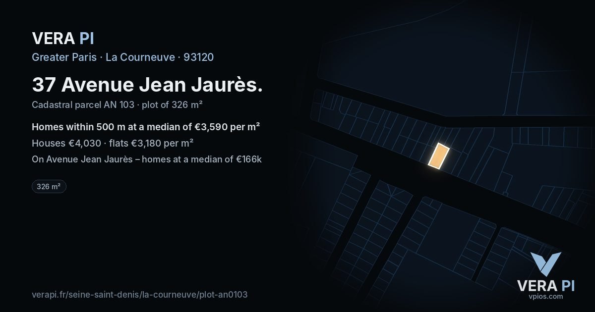 37 Avenue Jean Jaurès, La Courneuve at night – the plot lit, the parcels around coloured by the prices near them