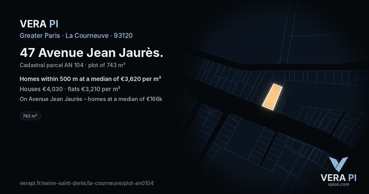 47 Avenue Jean Jaurès, La Courneuve at night – the plot lit, the parcels around coloured by the prices near them