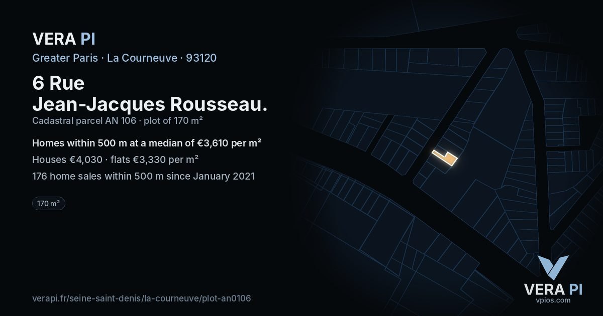 6 Rue Jean-Jacques Rousseau, La Courneuve at night – the plot lit, the parcels around coloured by the prices near them