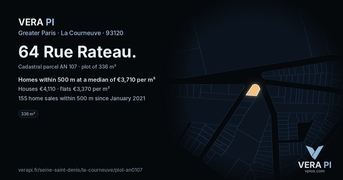 64 Rue Rateau, La Courneuve at night – the plot lit, the parcels around coloured by the prices near them
