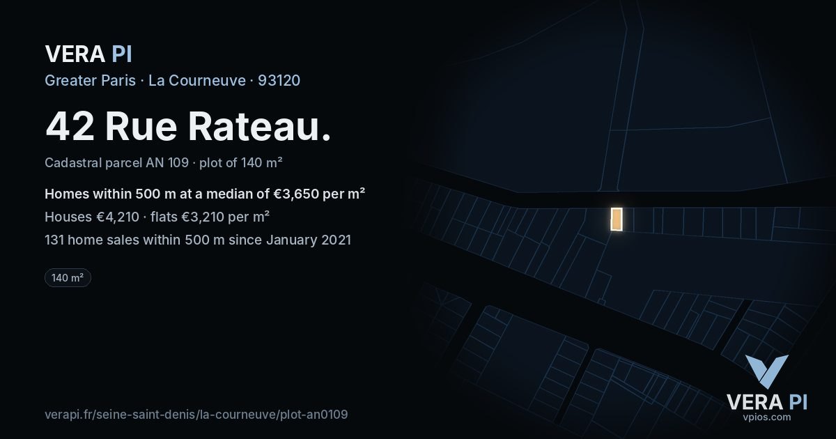 42 Rue Rateau, La Courneuve at night – the plot lit, the parcels around coloured by the prices near them